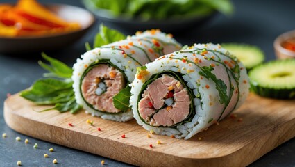 Poster - Fresh sushi rolls with salmon and vegetables on a wooden cutting board with garnishes and sliced cucumber in the background