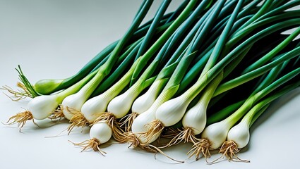 Aufkleber - Fresh green onions arranged on a white surface showing roots and vibrant green stalks in a bright light setting