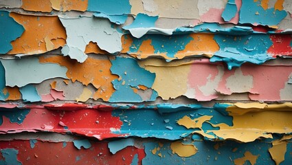 Aufkleber - Textured close-up of peeling paint layers in multiple colors including blue, orange, pink, and red on a worn surface