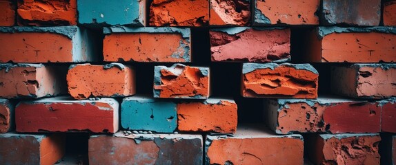 Poster - Vibrant texture of layered bricks in assorted colors showcasing weathered surfaces and unique patterns for architectural backgrounds and designs