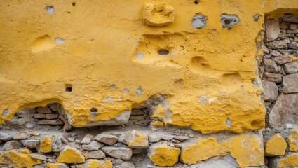 Poster - Textured yellow wall with rough surface showing cracks, holes, and stones beneath, highlighting weathering and age of the structure