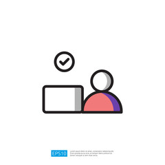 Poster - Icon of a User at a Computer with a Checkmark Symbol Indicating Success and Approval in a Digital Workspace Environment
