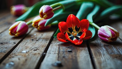 Poster - vibrant red and pink tulips on wooden surface with green leaves showcasing natural beauty and floral arrangement