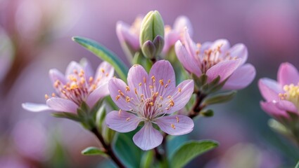 Poster - Delicate pink flowers in macro closeup showcasing intricate details and soft pastel hues against a blurred floral background.