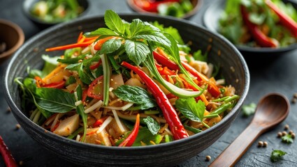 Poster - Freshly prepared Asian salad with mixed vegetables, herbs, and red chilies in dark bowl on wooden surface with additional bowls in background.