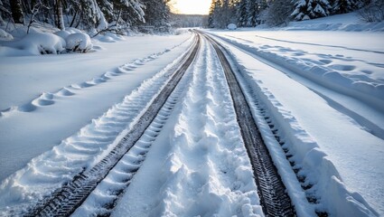 Poster - Snow-covered road with tire tracks and snowy landscape during winter season in forest environment. Natural scenery with shadows and sunlight.