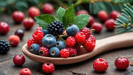 Poster - Assorted fresh berries including blueberries raspberries and blackberries on a wooden spoon with green leaves on a rustic background