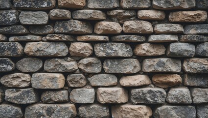 Poster - Textured stone wall with irregularly shaped stones in earth tones arranged in a stacked pattern for architectural backgrounds.