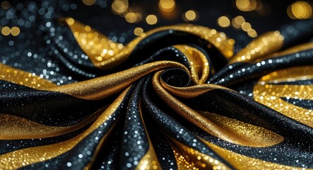 Poster - Elegant black and gold glitter fabric with shimmering texture and soft folds creating a luxurious abstract background for design projects.