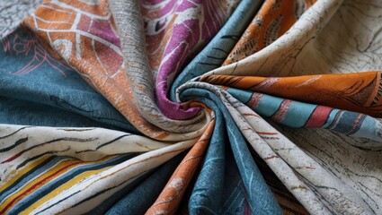 Poster - Colorful patterned fabric display with intricate designs arranged in a circular pattern.