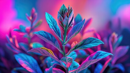 Poster - Vibrant close-up of bergenia cordifolia leaves showcasing colorful lighting and textures in a visually striking botanical composition.