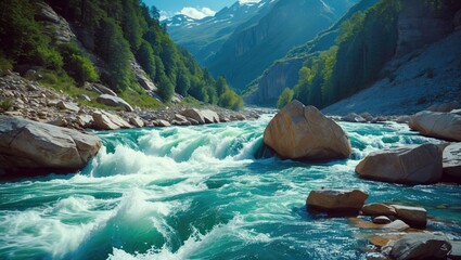 Aufkleber - Majestic river flowing through a rocky canyon surrounded by lush green trees and mountainous terrain under a clear blue sky