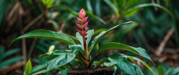 Poster - Tropical plant with vibrant red flower buds surrounded by lush green foliage in natural environment