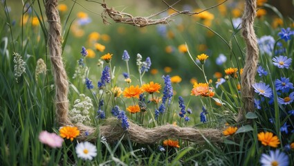 Poster - Flower field framed by natural twine with vibrant wildflowers including orange, blue, and white blossoms in grassy meadow setting.