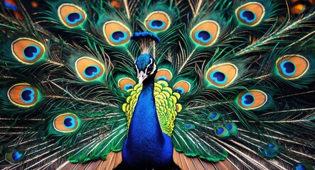 Poster - Vibrant peacock feather pattern creating an artistic background showcasing iridescent colors and intricate designs