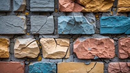 Poster - Colorful textured stone wall with blue, pink, yellow, and gray stones featuring cracks and weathered appearance