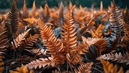 Aufkleber - Ferns with vibrant orange and brown colors in a lush field capturing autumn foliage texture and detail in nature scene.