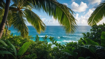 Poster - Tropical landscape with palm trees and ocean view under a blue sky with clouds in a serene coastal environment
