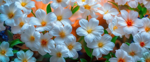 Poster - Close up of fresh white flowers background with delicate petals and vibrant orange centers creating a serene floral texture.