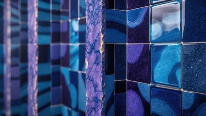 Poster - Closeup of abstract blue and purple tile textures showcasing granite and glass patterns for artistic wall and background design.