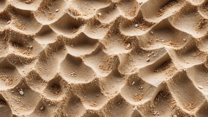 Poster - Textured beige beach sand with natural wave patterns and scattered small shells for a serene coastal background.