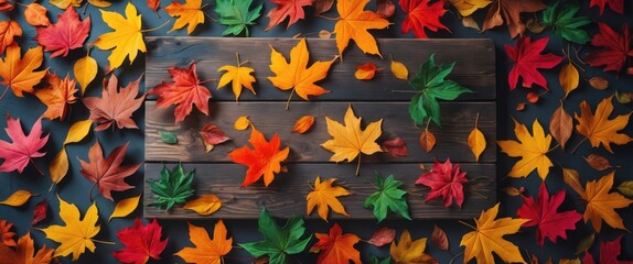 Poster - Colorful autumn leaves scattered on a wooden surface creating a vibrant seasonal background.