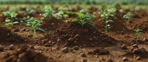 Poster - Close-up of young green plants emerging from soil in agricultural field with small dirt mounds in a natural environment with blurred background.