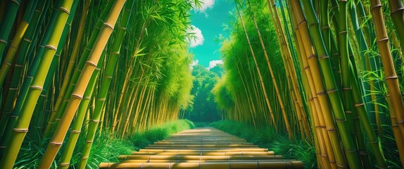 Poster - Serene bamboo forest pathway with vibrant green foliage and clear sky offering a tranquil natural landscape for relaxation and rejuvenation.