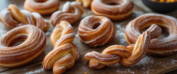 Aufkleber - Assorted types of freshly baked pastries including twisted and ring-shaped donuts on a wooden surface with powdered sugar coating
