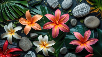 Poster - Tropical flower arrangement with vibrant petals and smooth stones on lush green leaves creating a serene nature-inspired backdrop.