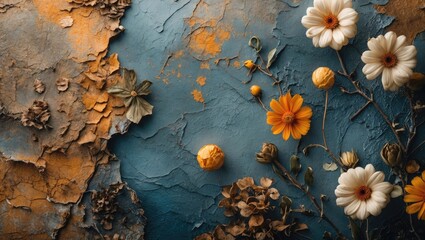 Poster - Floral arrangement on textured wall with vintage colors showcasing natural beauty and a rustic aesthetic for creative backgrounds.