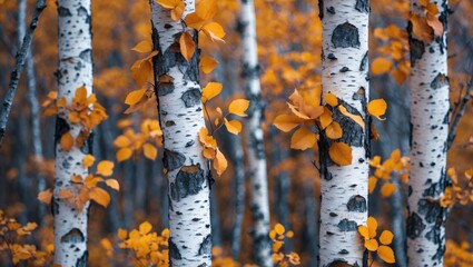 Aufkleber - Autumn forest scene with birch trees and orange leaves creating a vibrant foliage background.