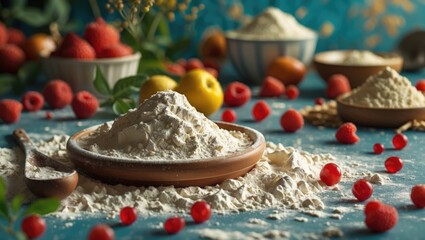 Aufkleber - Bowl of flour with fresh berries and citrus fruits on a rustic kitchen table with blue background and decorative elements