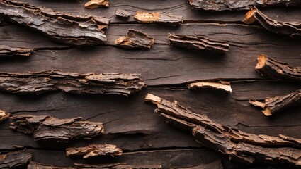 Poster - Textured bark on dark brown background showcasing natural patterns and organic details ideal for nature-themed design and decor projects.
