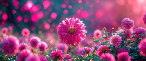 Poster - Vibrant pink flowers in a blurred background creating a magical dreamy atmosphere with soft bokeh highlights in a serene garden setting.