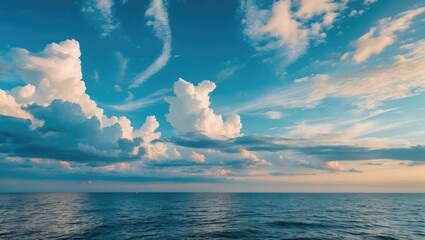 Poster - Serene ocean view with dramatic clouds and vibrant sky reflecting tranquility and natural beauty at sunset.