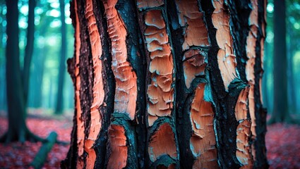 Poster - Close-up view of textured tree bark in a colorful forest setting with blurred background and fallen leaves on the ground