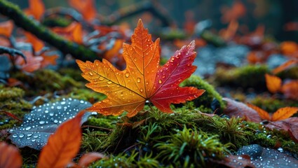 Poster - Vibrant autumn leaf adorned with dew resting on lush green moss creating a serene autumnal atmosphere in nature.