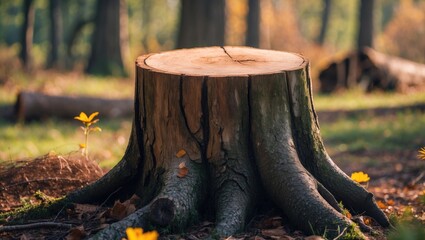 Poster - Tree stump with visible rings and roots surrounded by autumn foliage and wildflowers in a forest setting during daylight.
