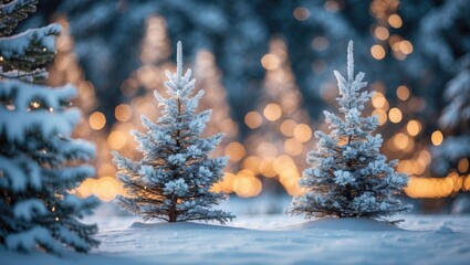 Poster - Snow-covered evergreen trees in winter landscape with blurred lights in background creating a festive atmosphere