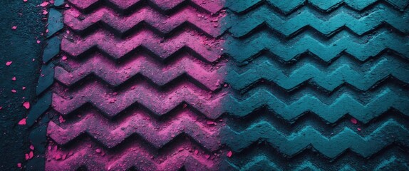 Poster - Vibrant chevron patterned asphalt floor texture in contrasting pink and teal hues for modern design applications.