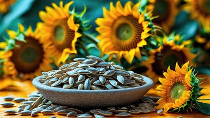 Poster - Sunflower seeds in a clay bowl with fresh sunflowers and green leaves in the background natural and organic food concept