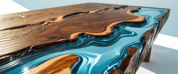 Aufkleber - Wooden table with resin river design featuring blue epoxy between dark wood grain in modern interior setting