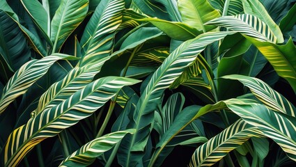 Poster - Lush green foliage featuring vibrant striped banana leaves creating a tropical aesthetic background for design and natural themes.