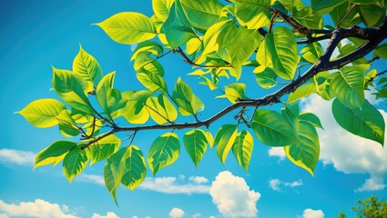 Wall Mural - Lush Green Leaves Against a Vivid Blue Sky Creating a Serene Nature Background for Freshness and Tranquility.