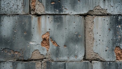 Aufkleber - Gray concrete wall with visible cracks, holes, and peeling texture, showcasing weathered and damaged surfaces.