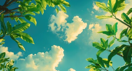 Poster - Verdant leaves framing a clear blue sky with soft clouds creating a serene natural background for relaxation and tranquility.