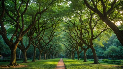 Poster - Lush green pathway flanked by tall trees creating a natural tunnel effect in a serene park landscape