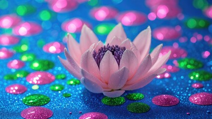 Poster - Colorful glittery background with pink lotus flower and sparkling round shapes in blue, pink, and green tones creating a vibrant texture.