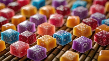Poster - Colorful candy pieces arranged neatly on a bamboo mat surface with a focus on their vibrant hues and textures.